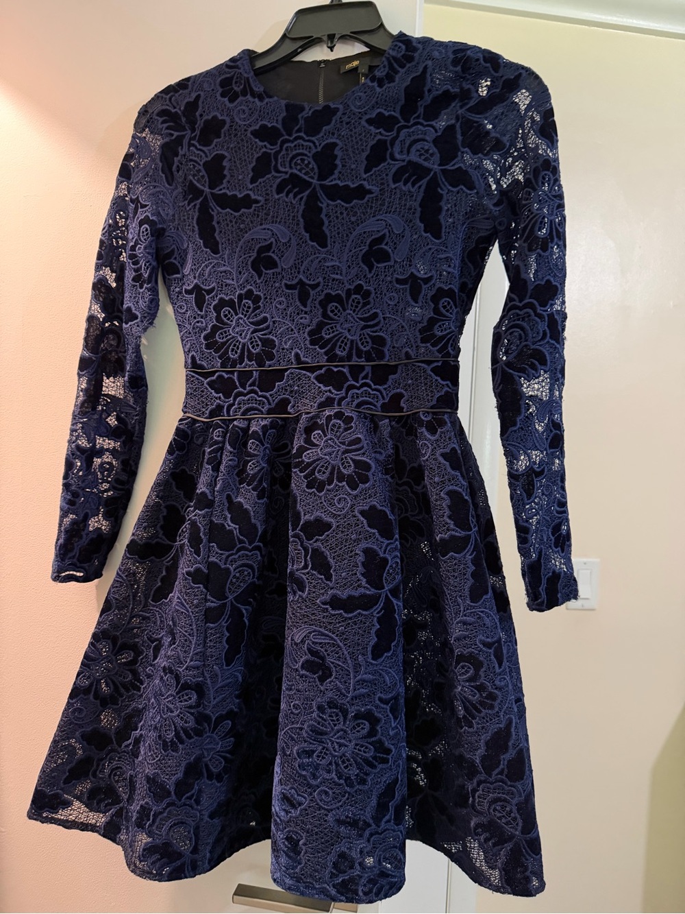 Maje Navy Floral Lace Dress with Textured Overlay